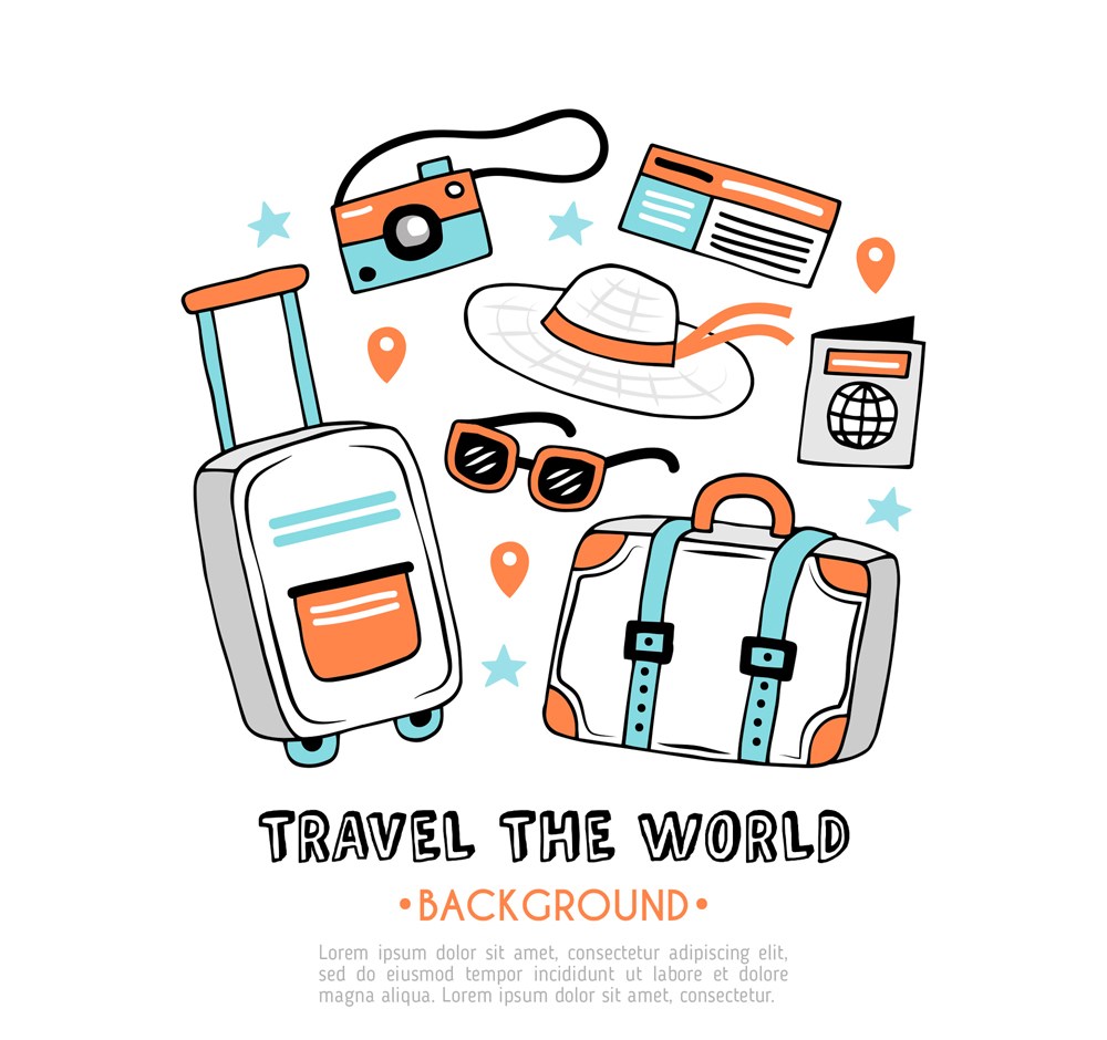卡通旅行旅游必需品 免費PSD模板，1200像素高質量素材